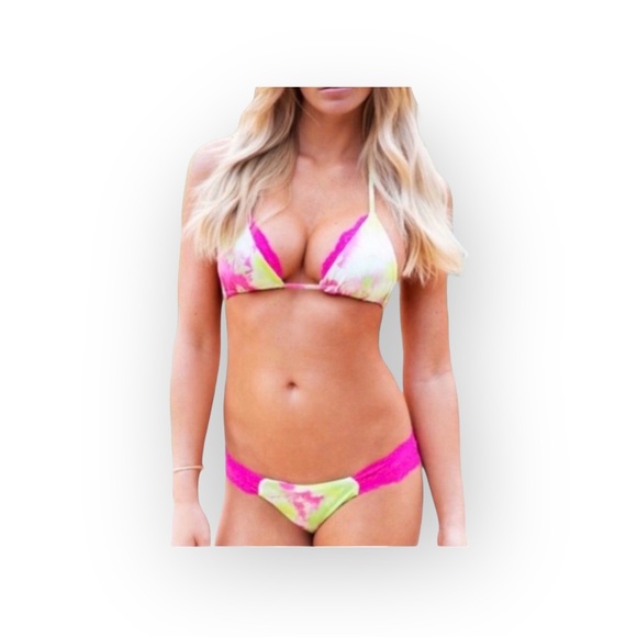 new Beach Bunny ❤︎︎ Panama Animal String Bikini Top ❤︎︎ Pink Green Tie Dye XL - Picture 10 of 13